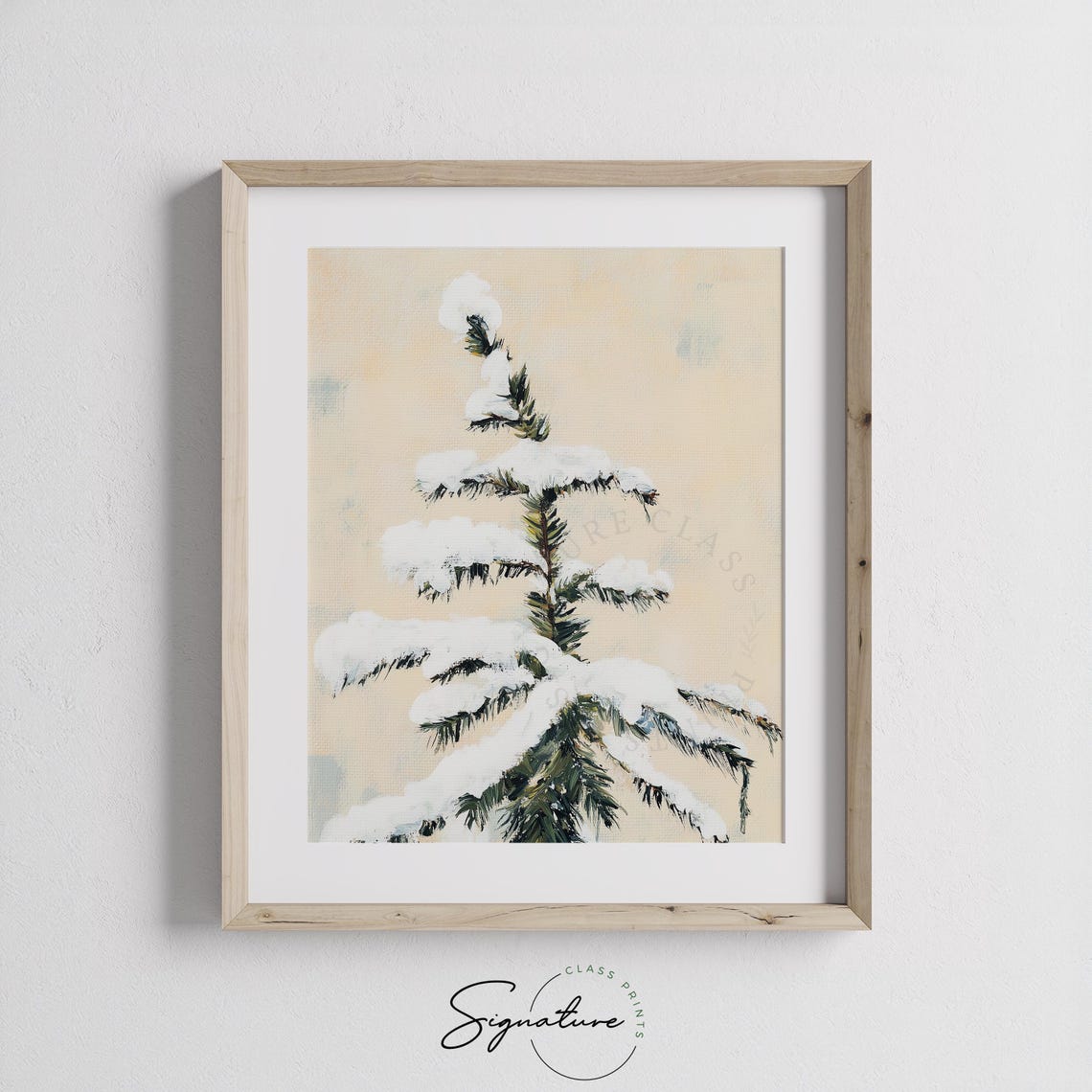 Snow Covered Fir Branch Against a Warm Beige Sky Winter Poster - Image 2