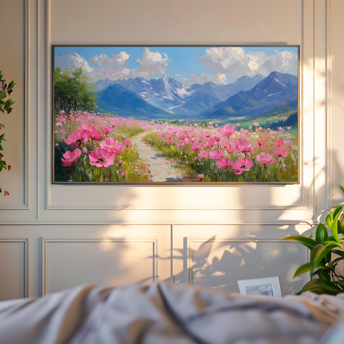 Pink Poppy Field Flower Path Snowy Mountains Spring Scenic Wall Art - Image 6