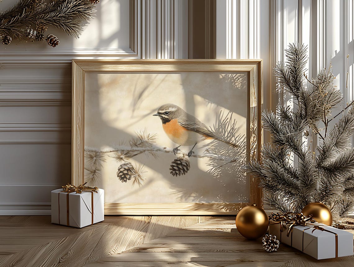 Common Redstart With Snowy Pinecones Rustic Winter Bird Poster - Image 6