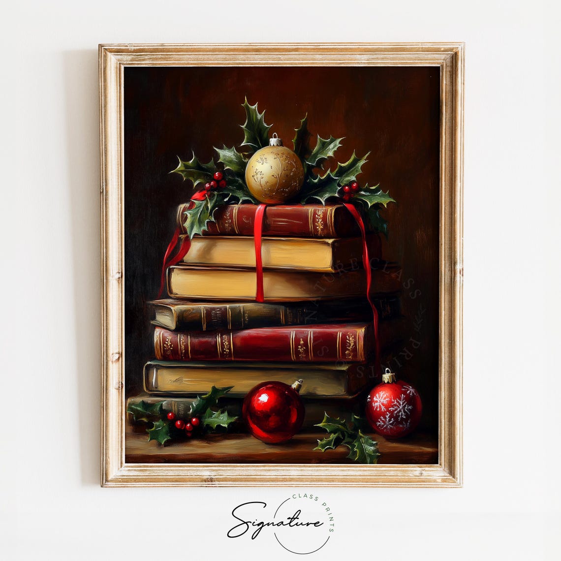 Stack of Vintage Books with Holly and Ornaments Christmas Print