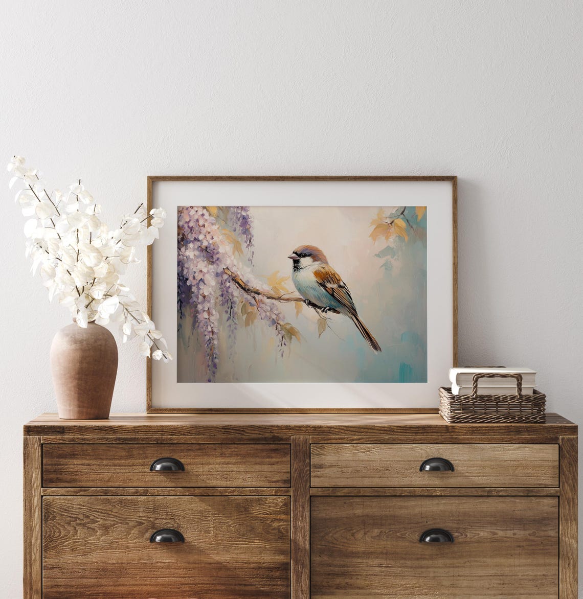 Tree Sparrow On Wisteria Branch With Pale Lilac Blossoms Poster - Image 2