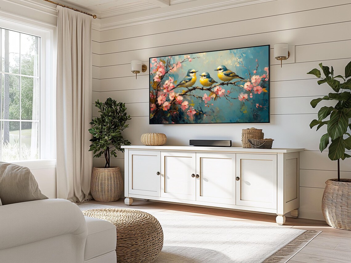 Goldcrest Trio On Cherry Blossom Branch Spring Bird Painting Art Poster - Image 3
