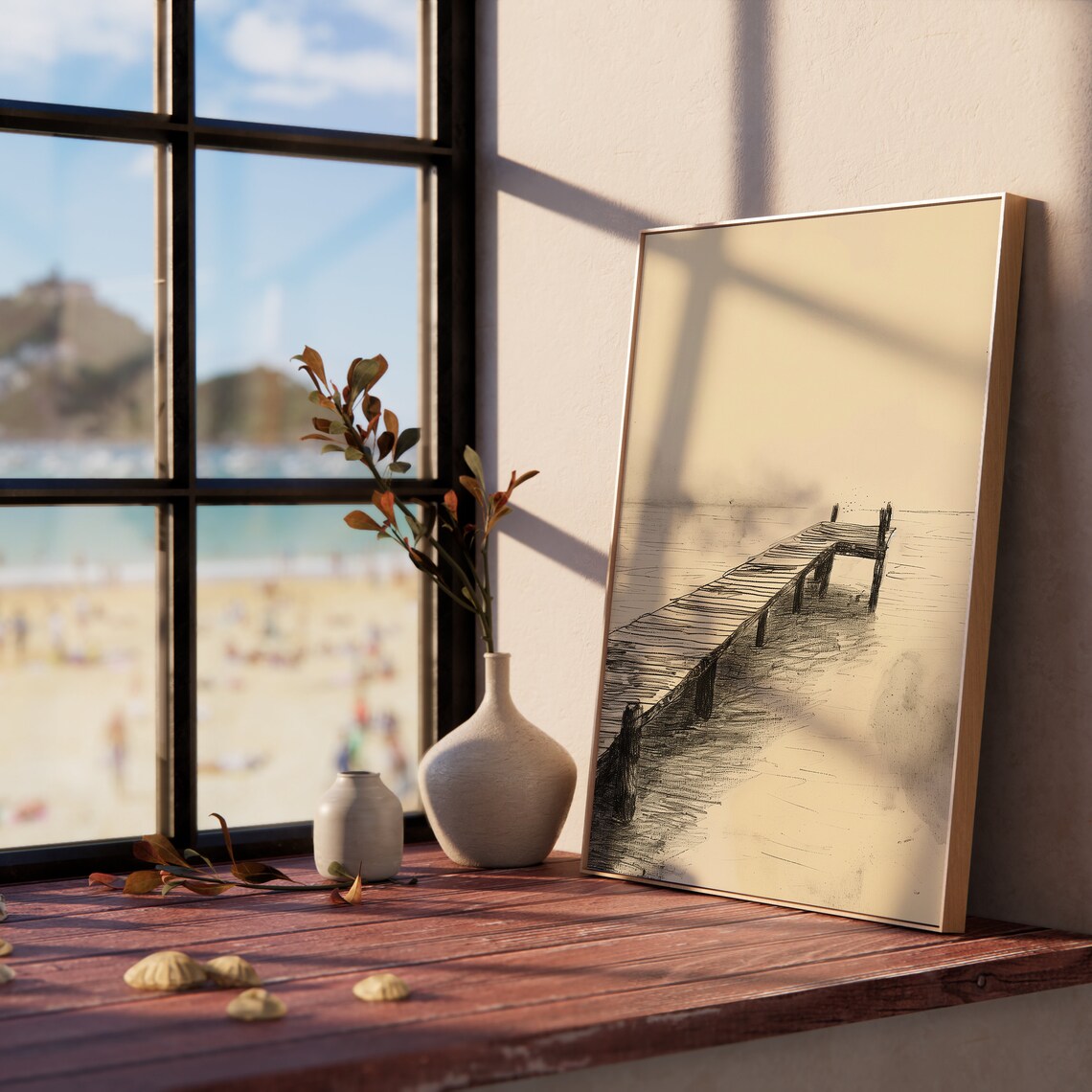 Old Wooden Pier On Misty Lake Sepia Ink Sketch Landscape Poster - Image 5