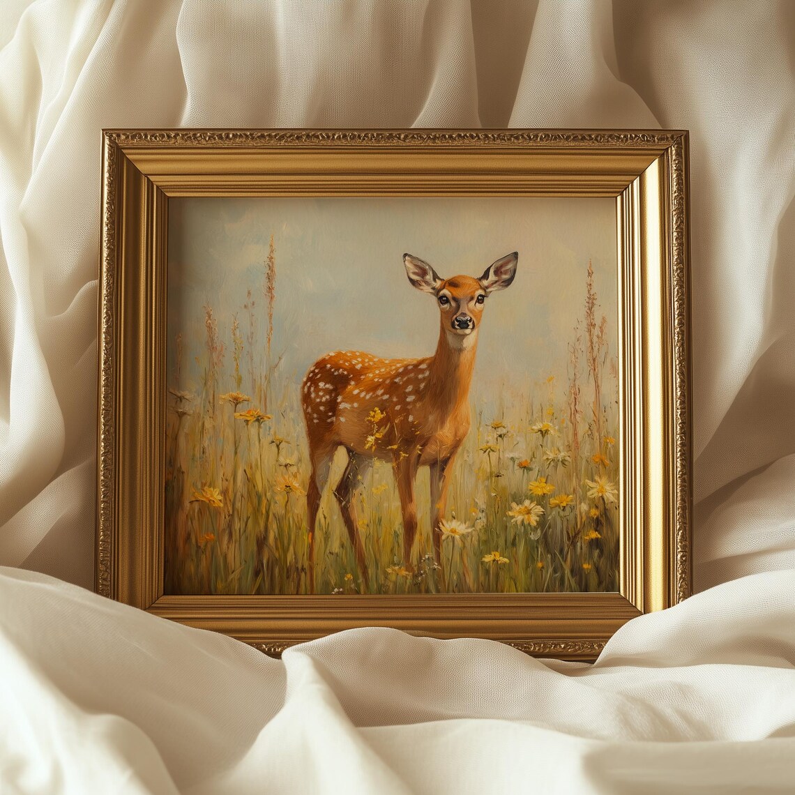 Spotted Fawn in Golden Wildflower Meadow Soft Wildlife Painting Print - Image 5