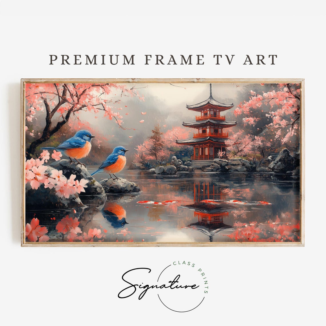 Japan Pagoda Lake Bluebirds Cherry Blossom Scenic Travel Poster