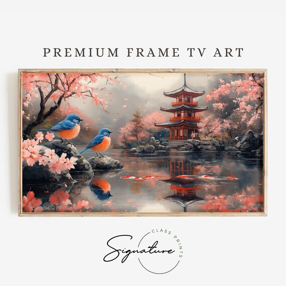 Japan Pagoda Lake Bluebirds Cherry Blossom Scenic Travel Poster