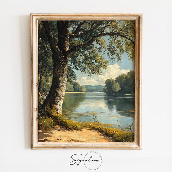 Serene River Under Twilight Sky Tranquil Cottagecore Landscape Art Rustic Nature Wall Decor Artwork 2981