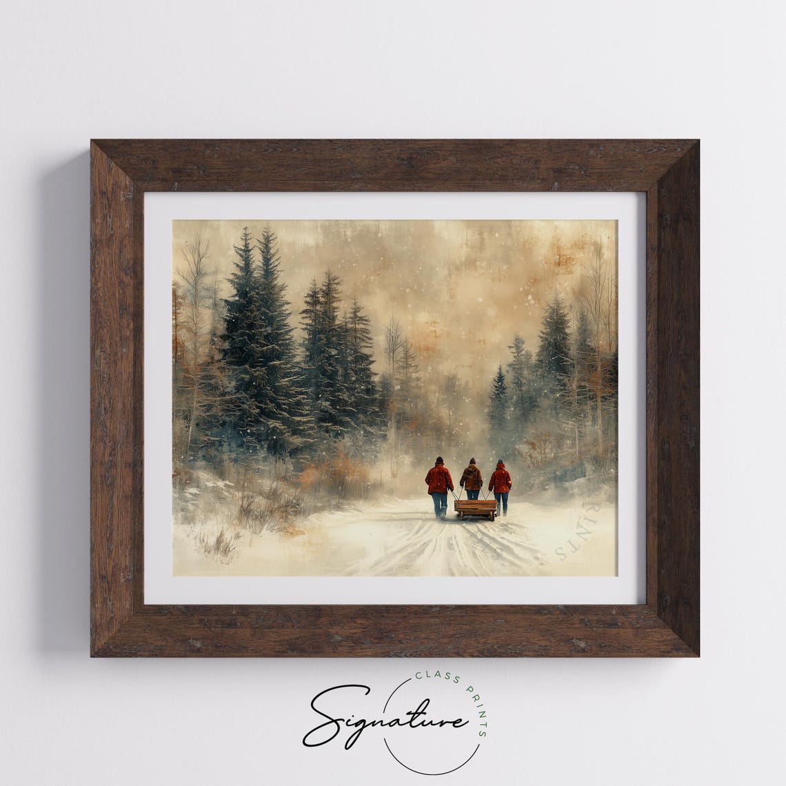 Friends Pulling A Sled Through A Snowy Vintage Forest Poster - Image 5