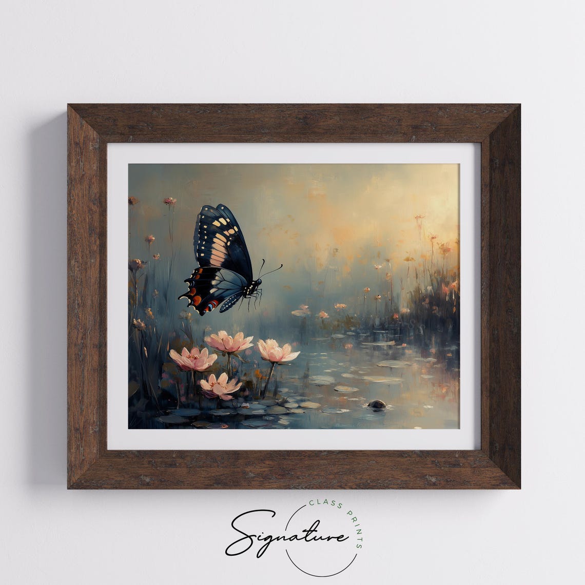 Midnight Blue Butterfly Over Lotus Pond Twilight Dreamy Wall Art - Image 5