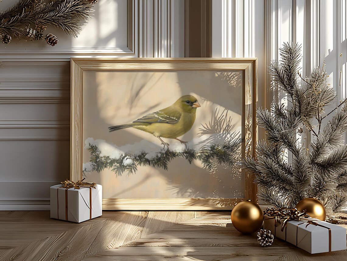 Soft Greenfinch on Snowy Cedar Branch Winter Bird Painting Poster - Image 6