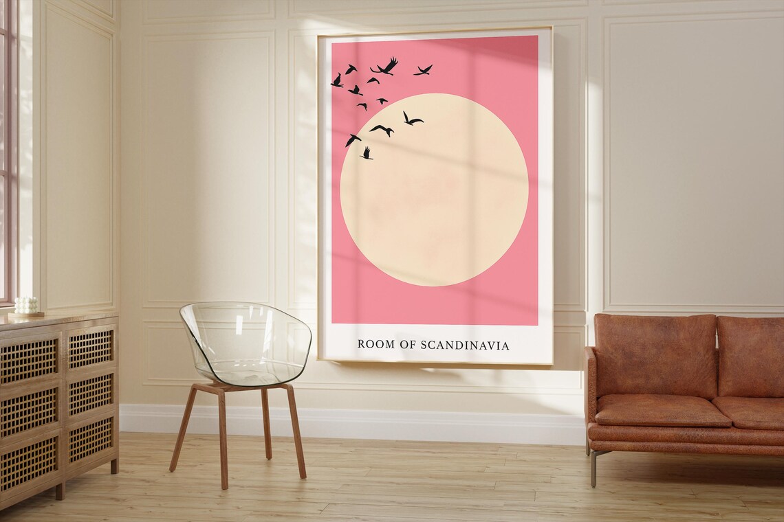 Japanese Minimalist Japandi Art Print, Pink Sky Birds - Image 2