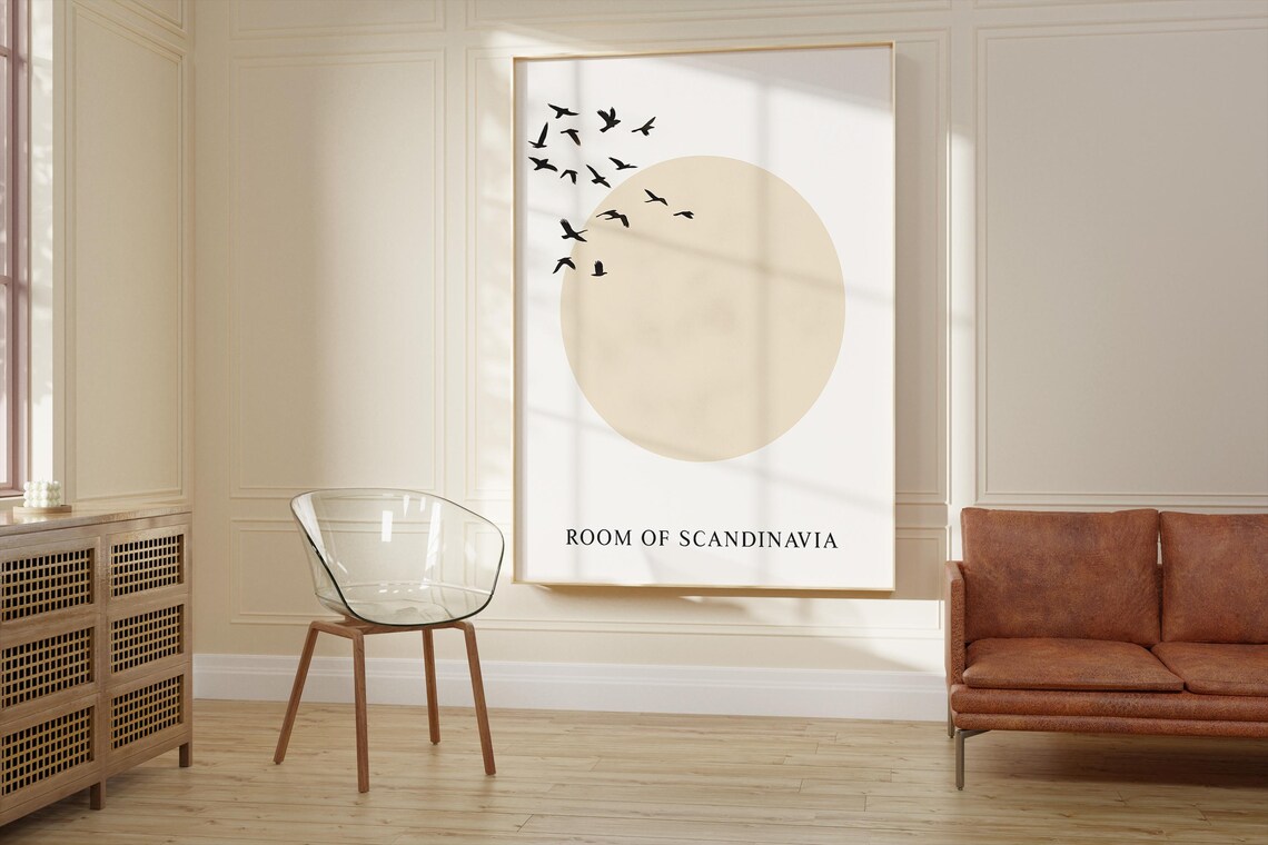 Minimalistic Japandi Japanese Art, Sun And Birds - Image 2