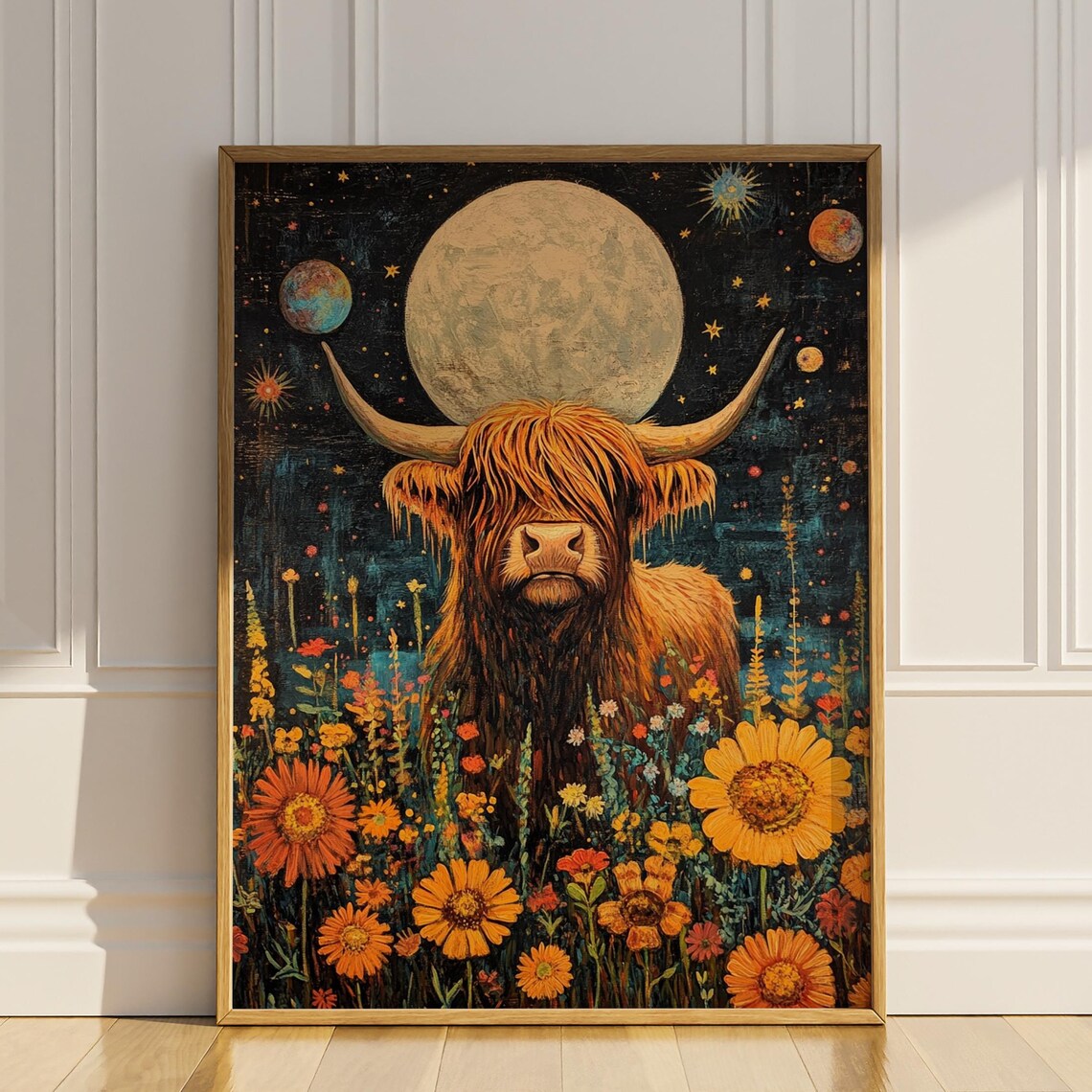Cosmic Highland Cow Full Moon Night Sky Sunflower Meadow Poster