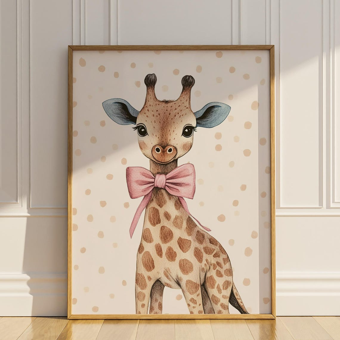 Cute Baby Giraffe With Pink Bow Polka Dot Nursery Wall Art Poster