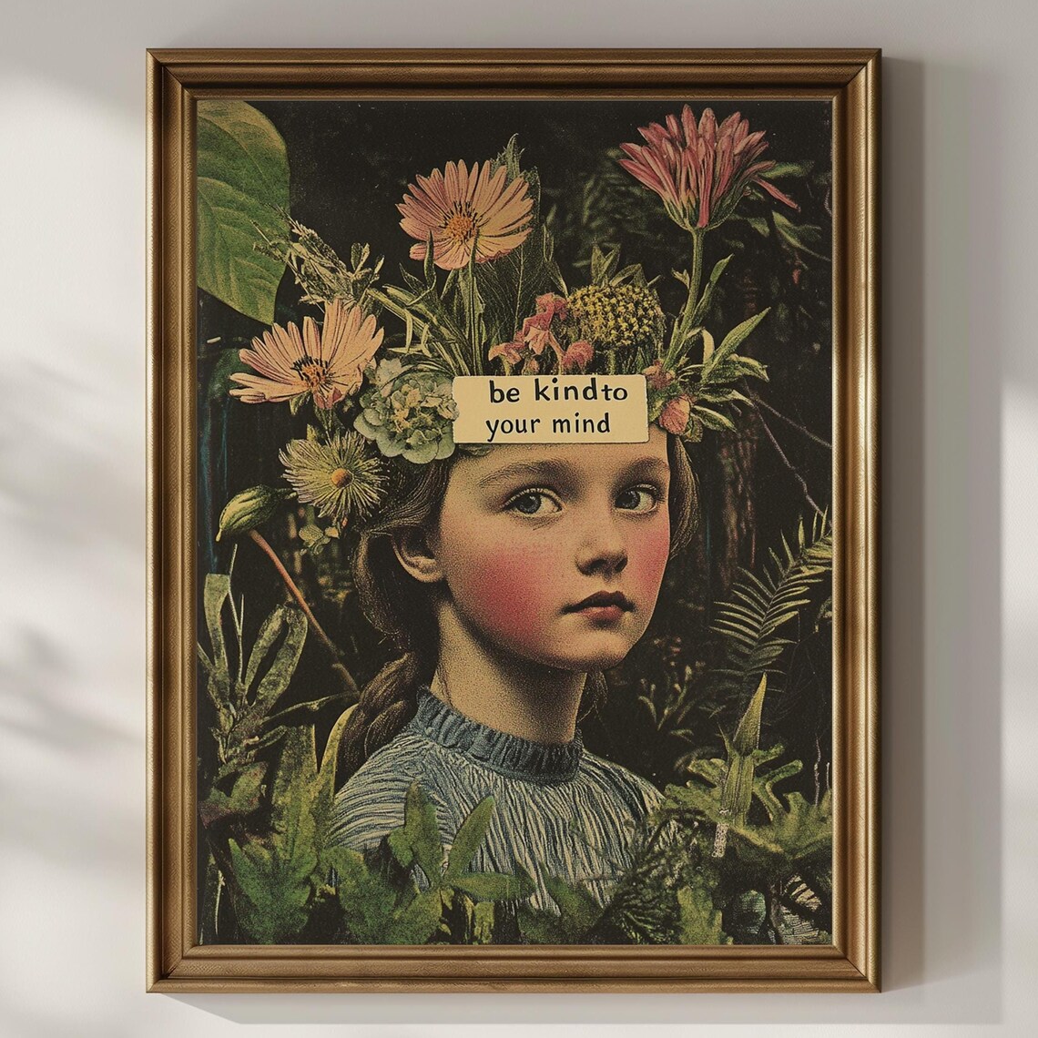 Be Kind To Your Mind Floral Girl Vintage Botanical Collage Poster