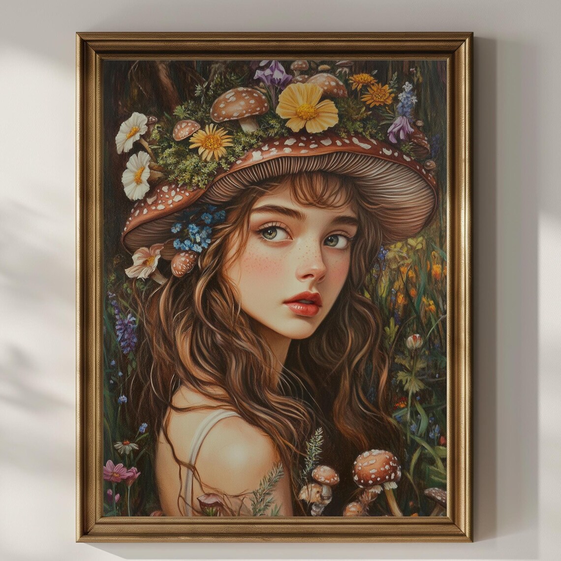 Girl in Mushroom Cap Floral Hat Enchanted Forest Whimsical Art Poster