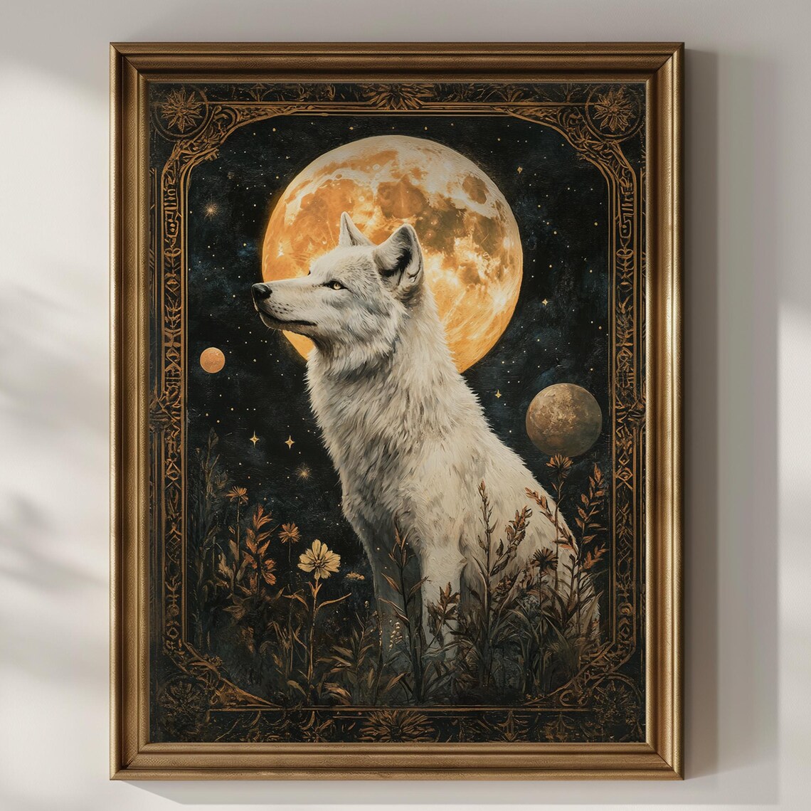 White Wolf Under Amber Moon Celestial Vintage Night Floral Poster