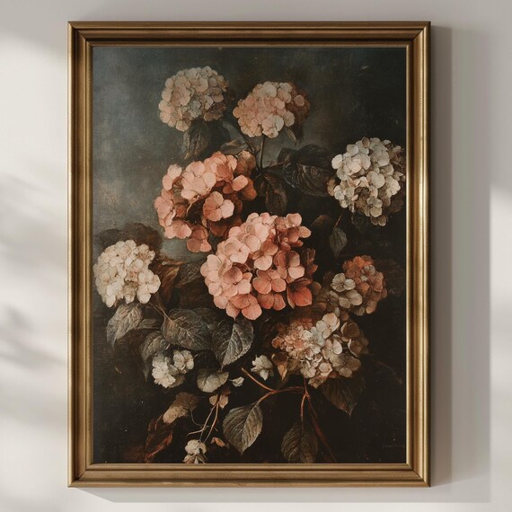 Blush Hydrangeas Moody Vintage Floral Oil Painting Garden Poster