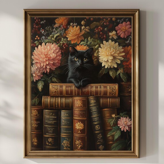 Black Cat Peeking over Old Books with Dahlias Dark Art Poster