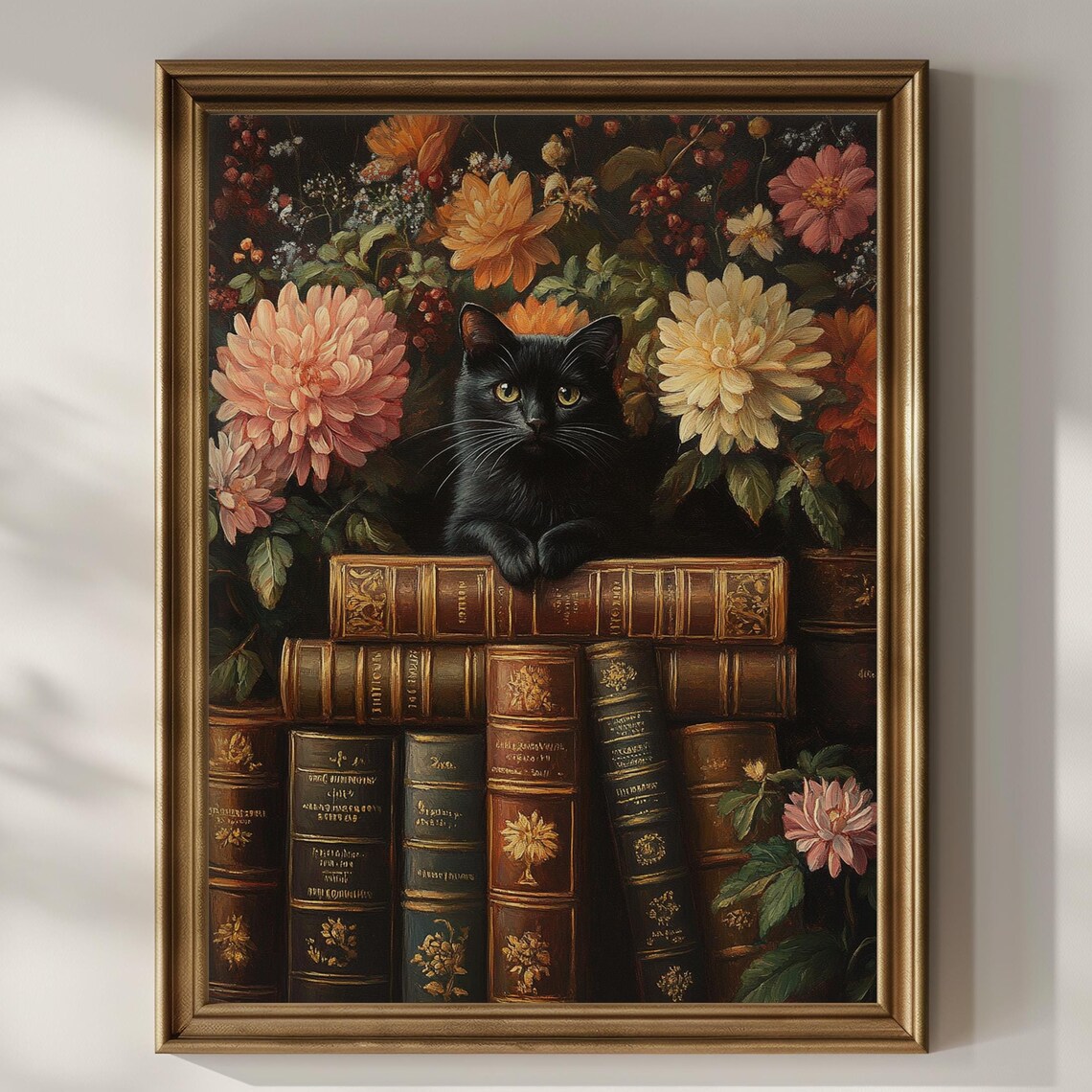 Black Cat Peeking over Old Books with Dahlias Dark Art Poster