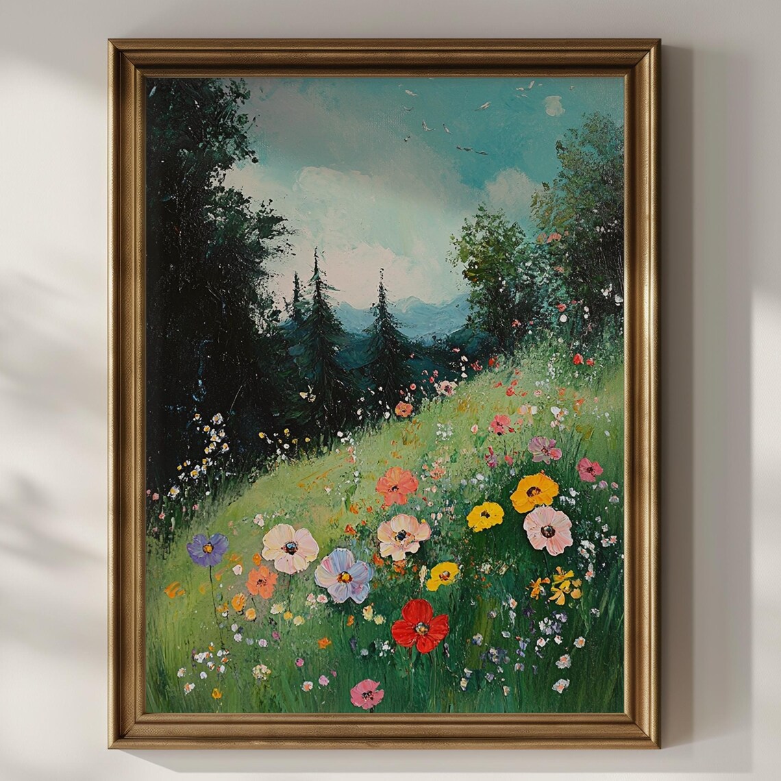Colorful Wildflower Meadow Pine Mountain Summer Oil Painting Poster
