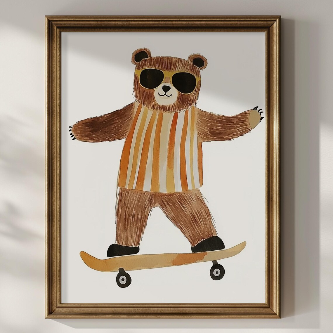 Bear Skater With Sunglasses Striped Shirt Kids Nursery Room Art Poster