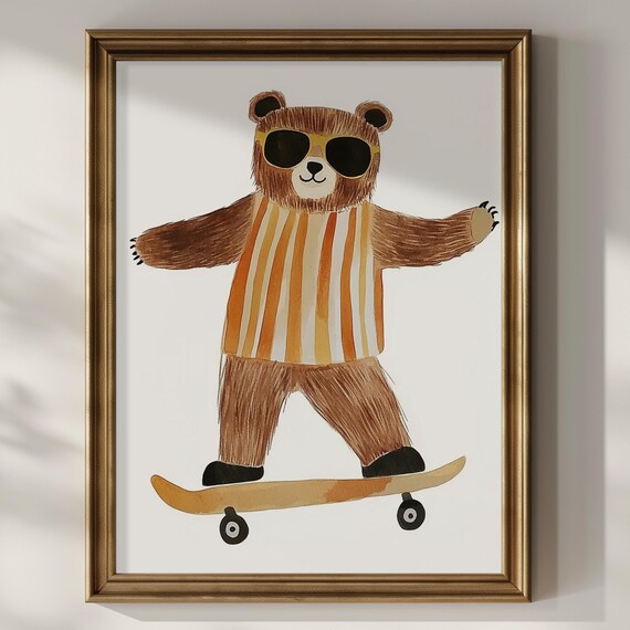 Bear Skater With Sunglasses Striped Shirt Kids Nursery Room Art Poster