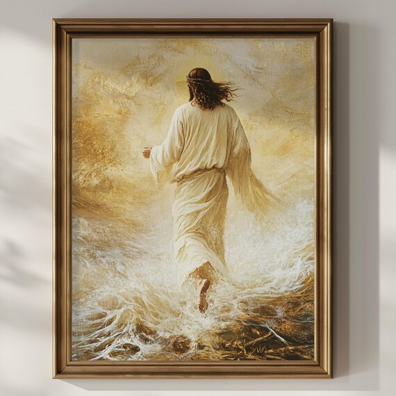 Jesus Christ Walking on Water Golden Waves Miracle Faith Scene Poster