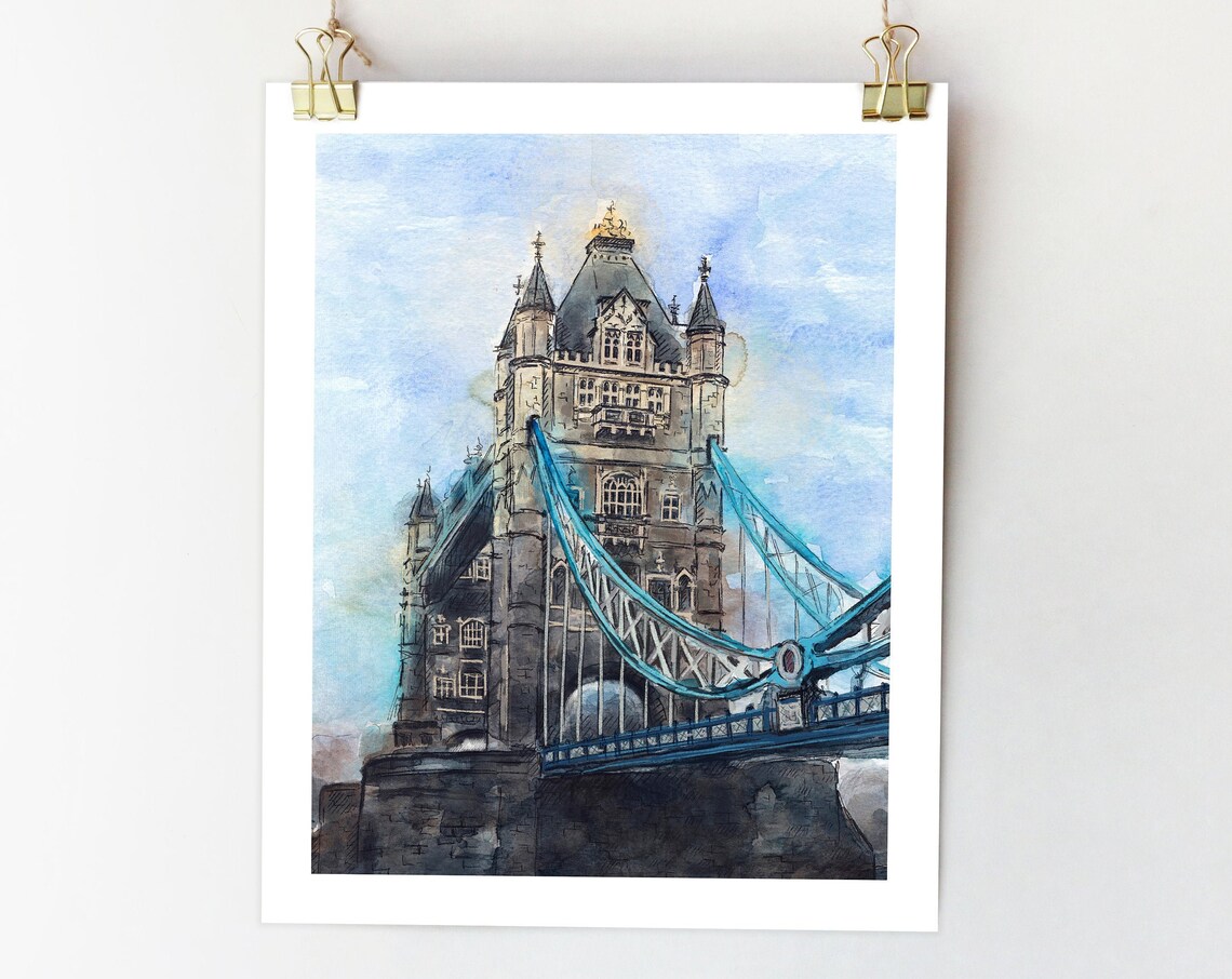 London Tower Bridge Watercolor Travel Poster, City View