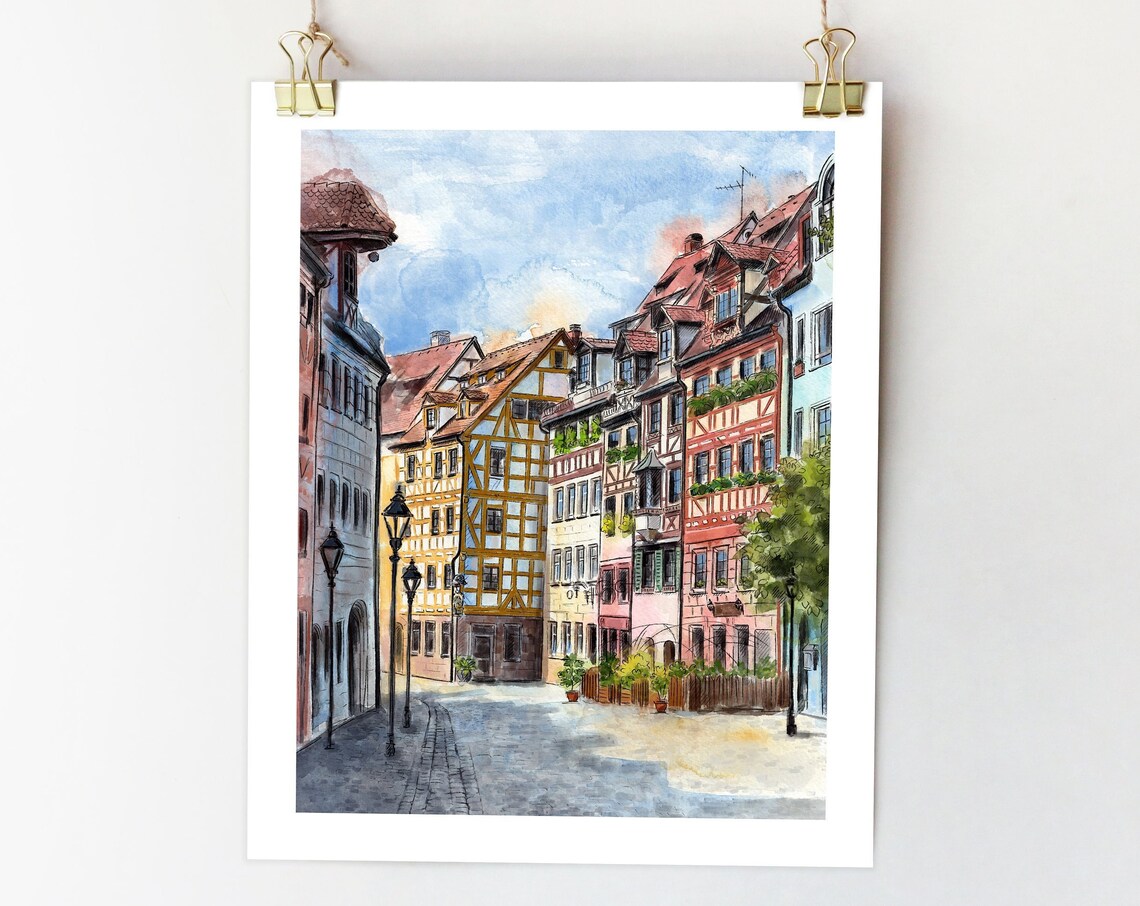 Nuremberg Germany Watercolor City Skyline Art Print