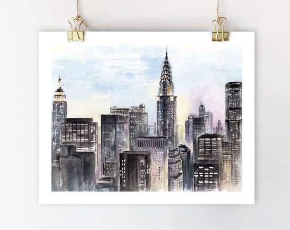 NYC Skyline Watercolor Art Print, New York Cityscape