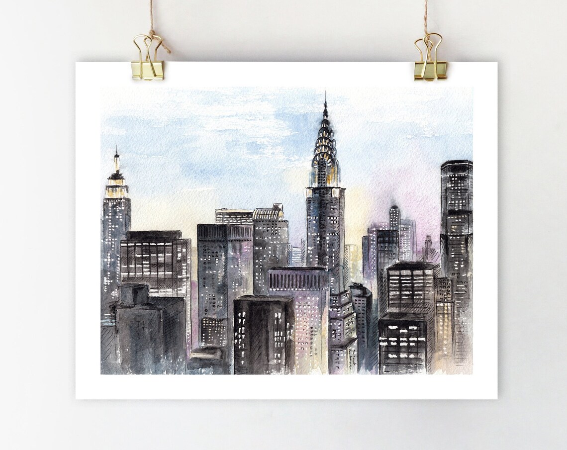 NYC Skyline Watercolor Art Print, New York Cityscape