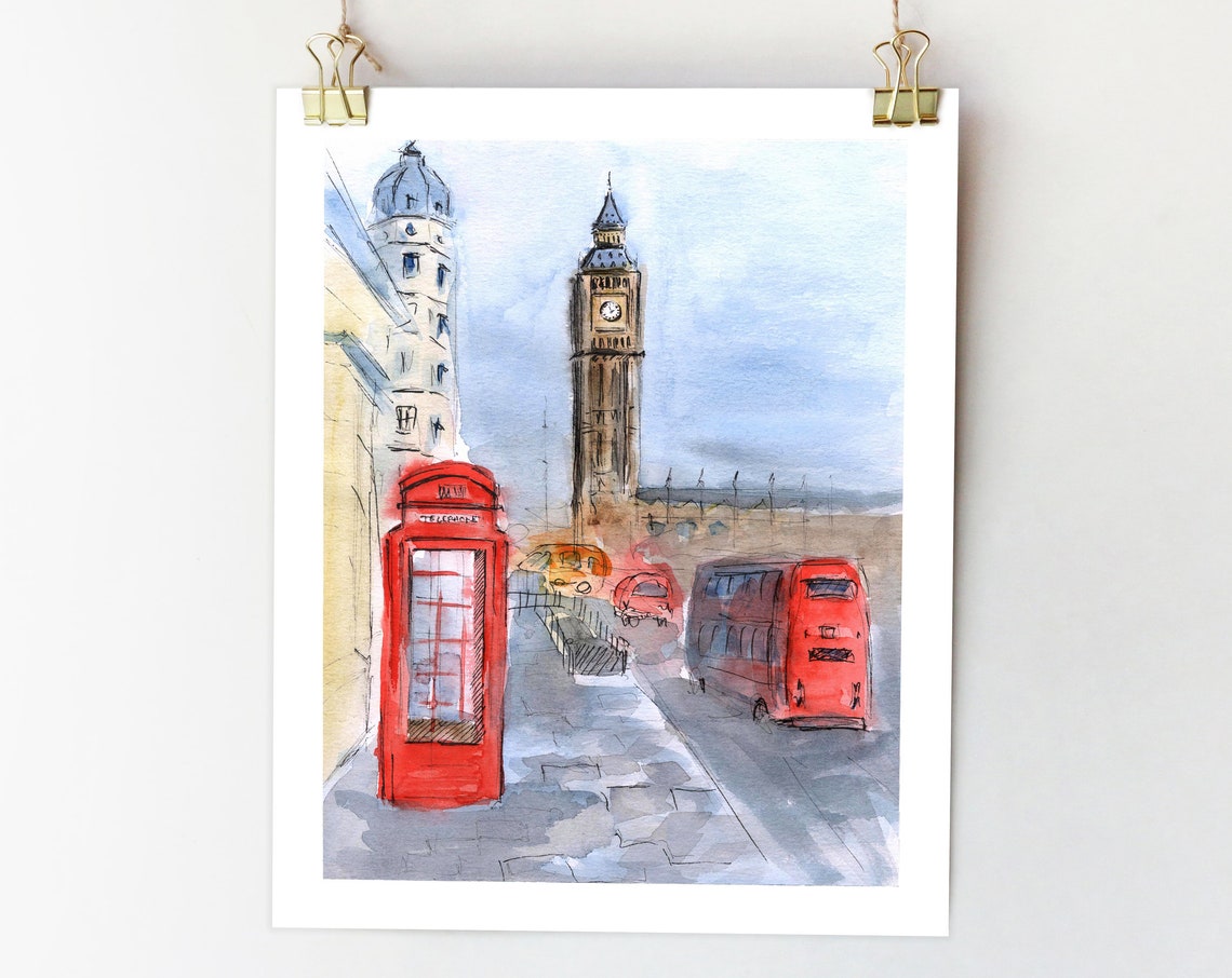 London Watercolor Print, Big Ben Telephone Box Art