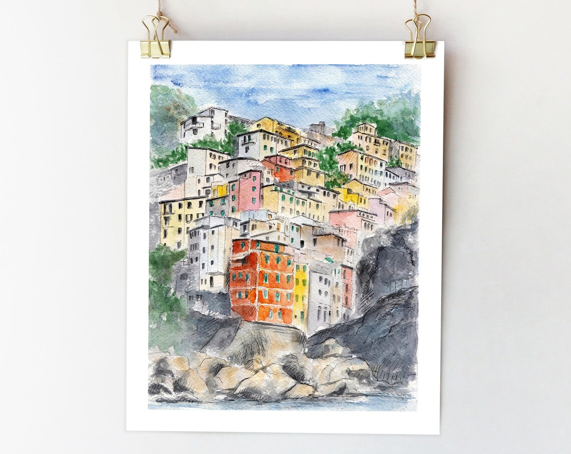 Riomaggiore Cinque Terre Italy Watercolor Art Print