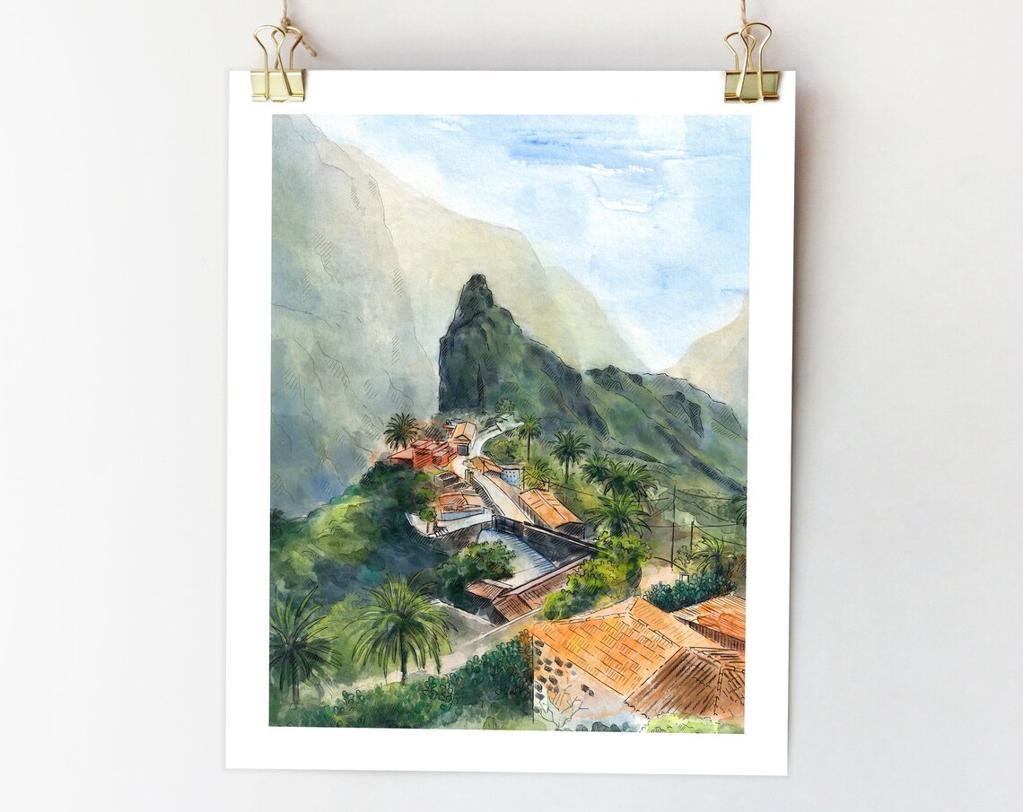 Masca Village Tenerife Canary Islands Watercolor Art Print