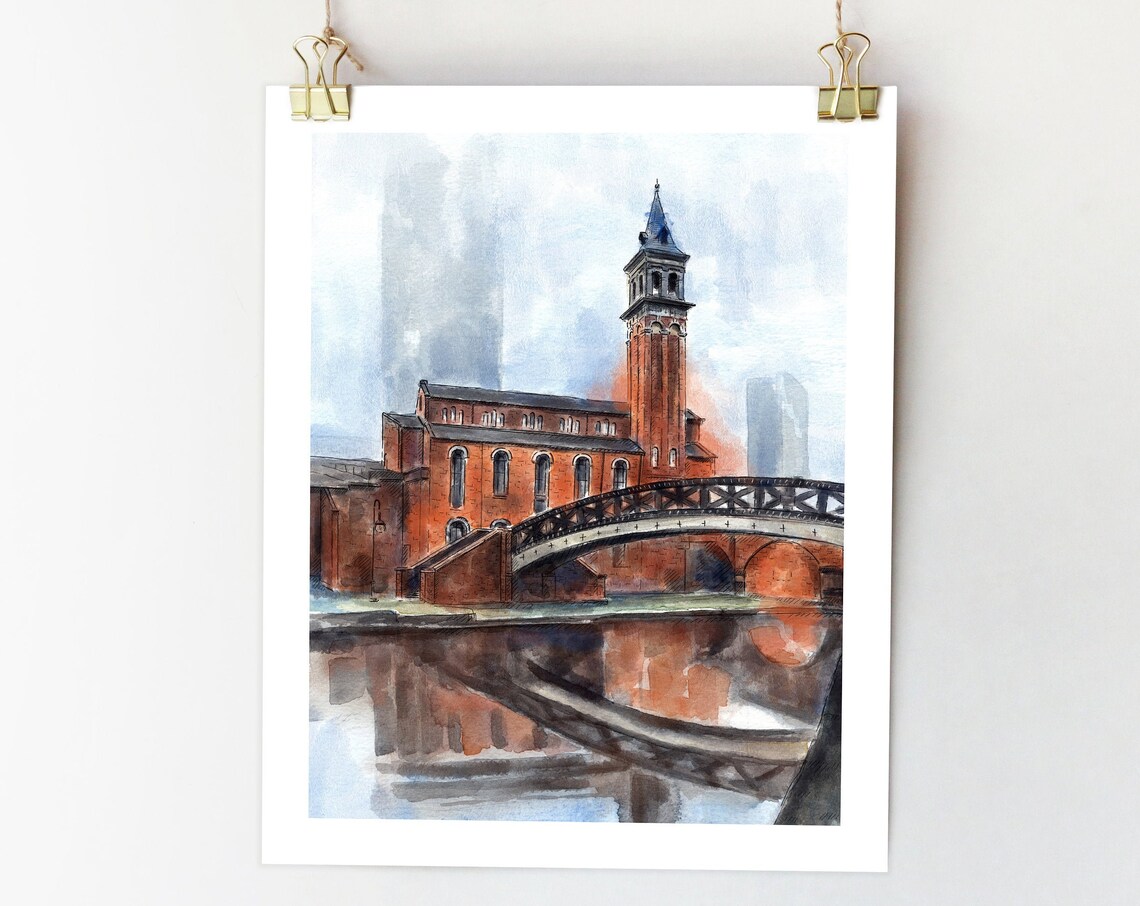 Manchester Canal Watercolor Sketch Travel Poster