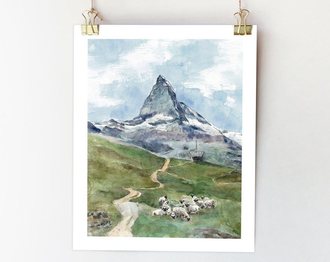 Matterhorn Watercolor Art Print, Switzerland Alps
