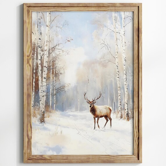 Noble Stag With Antlers In Snowy Birch Forest Winter Painting Poster