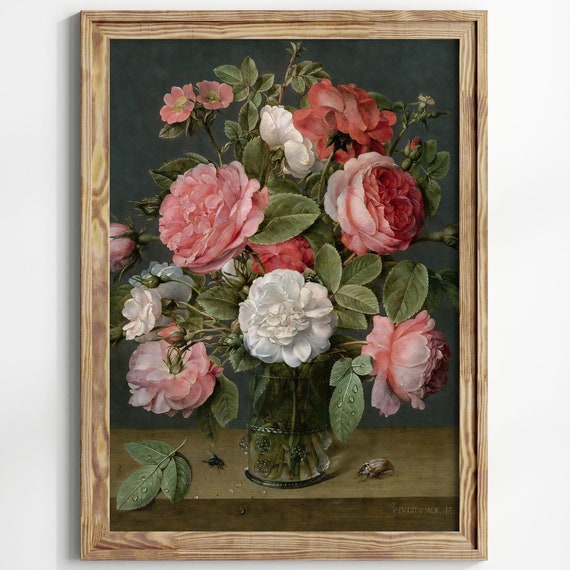 Antique Roses Painting Vintage Wall Art Moody Dark Academia Art Floral Still Life Farmhouse Rustic Wall Decor