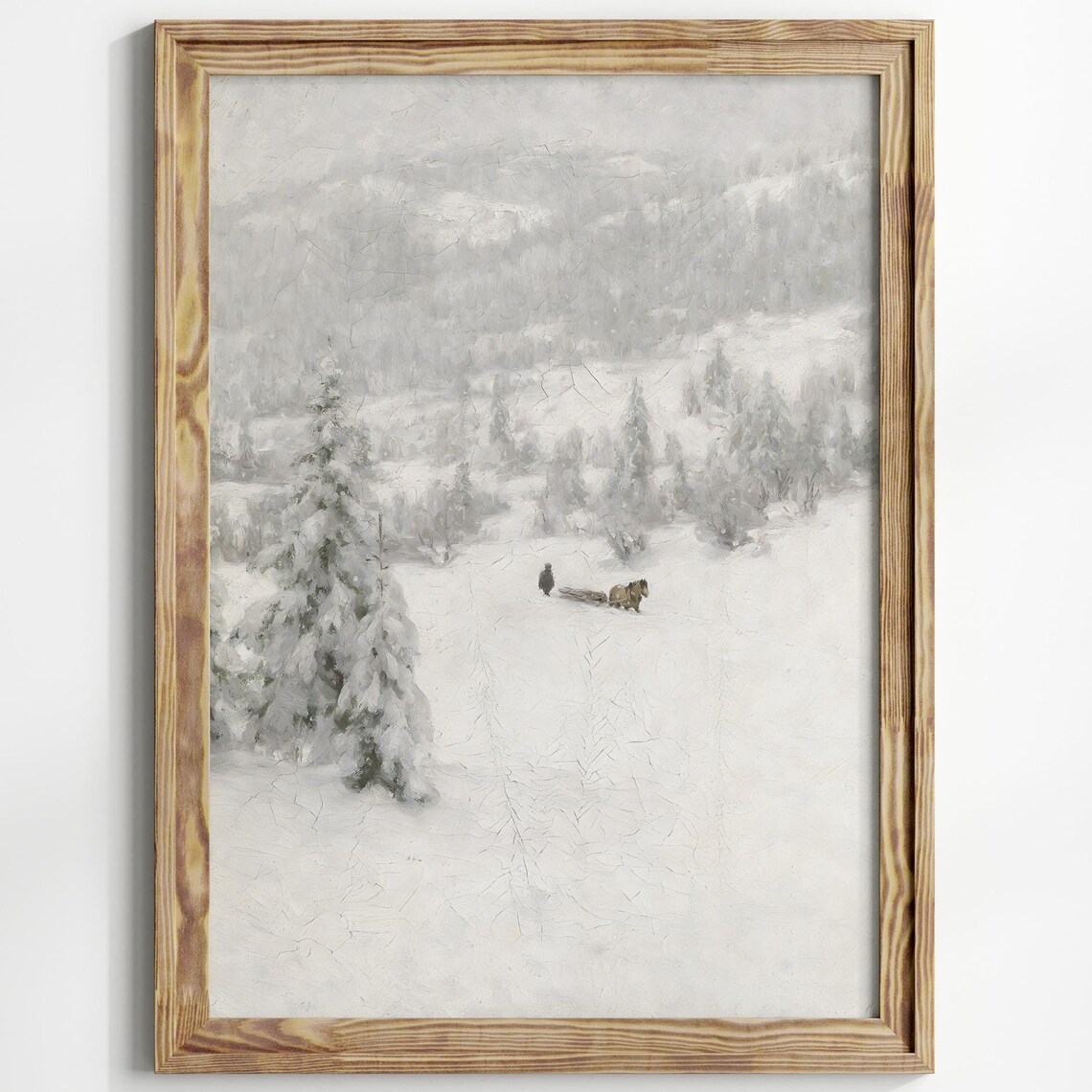 Antique Winter Valley Horse Sled Snowy Landscape Oil Painting Poster