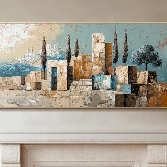 Abstract Oil Painting On Original Tuscan Style Wall Decor Mediterranean Landscape Artwork Living Room Wall Art Neutral Tones Wall Art