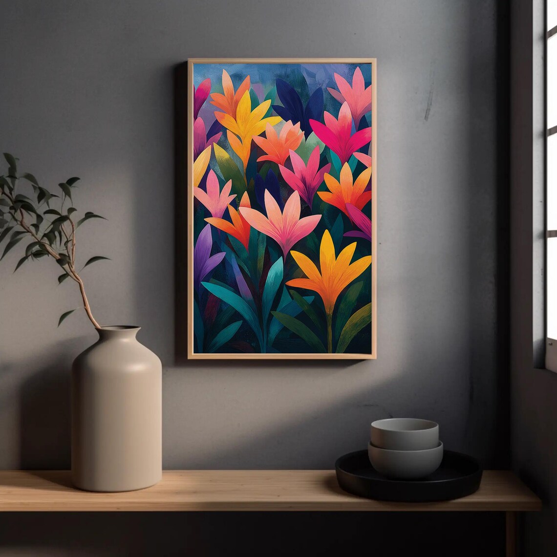 Bright Abstract Flowers Pink Orange Purple Teal Painting Poster
