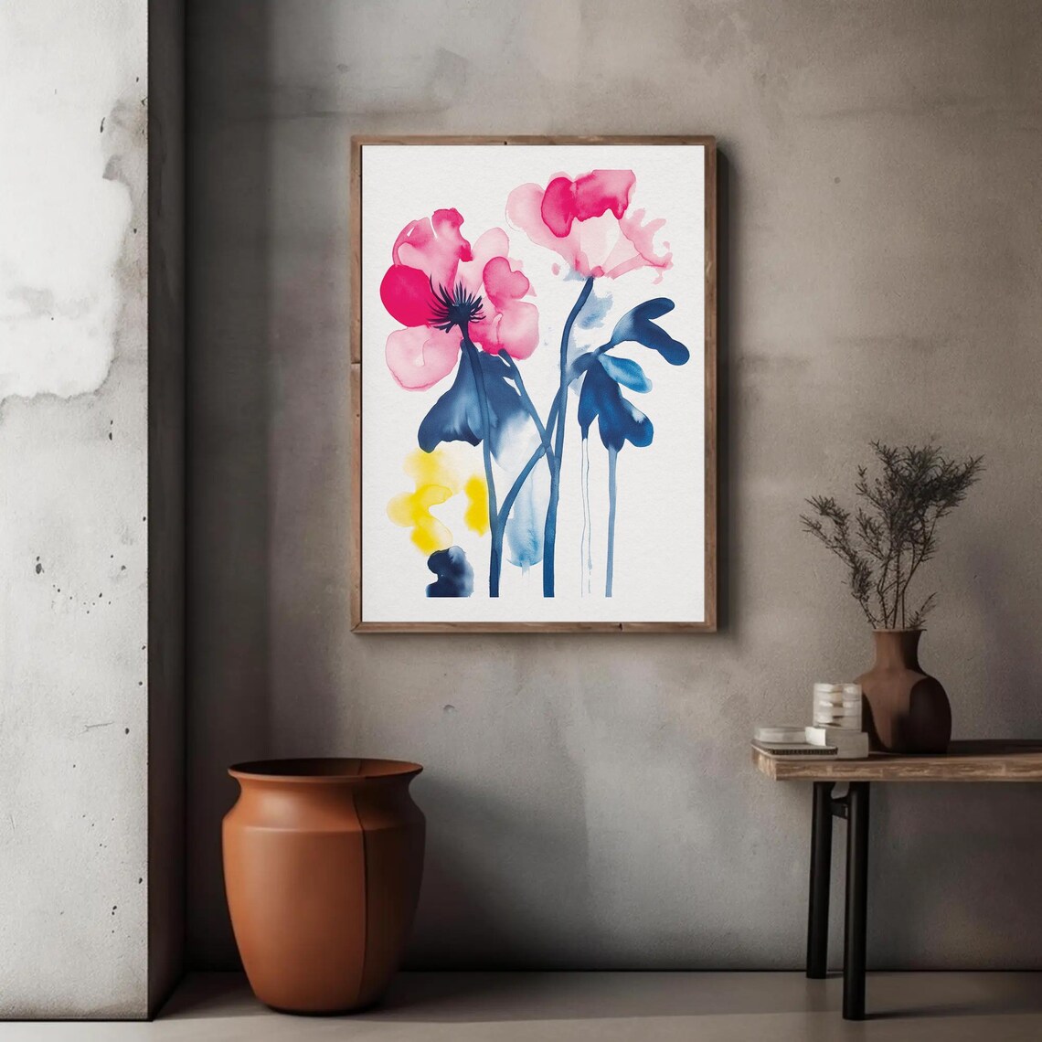 Pink Poppies Watercolor with Blue Stems Botanical Art Poster
