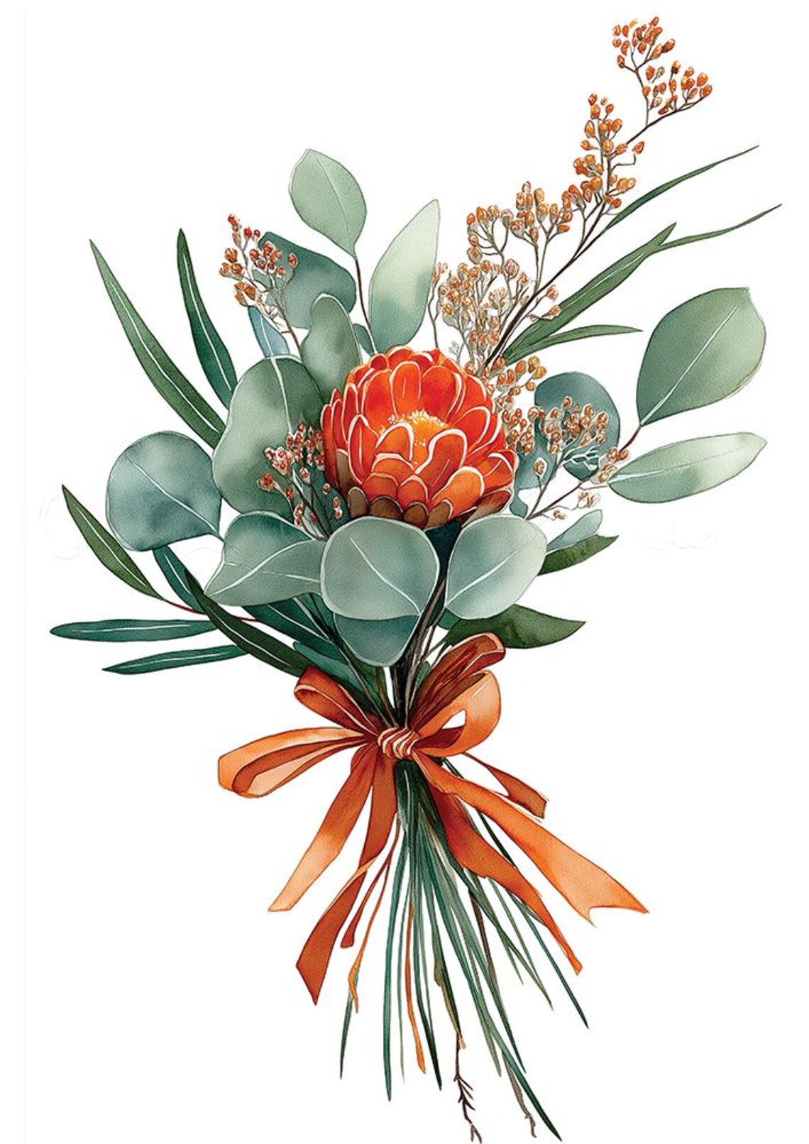 Waratah and Eucalyptus Bouquet with Orange Ribbon Watercolor Poster - Image 4