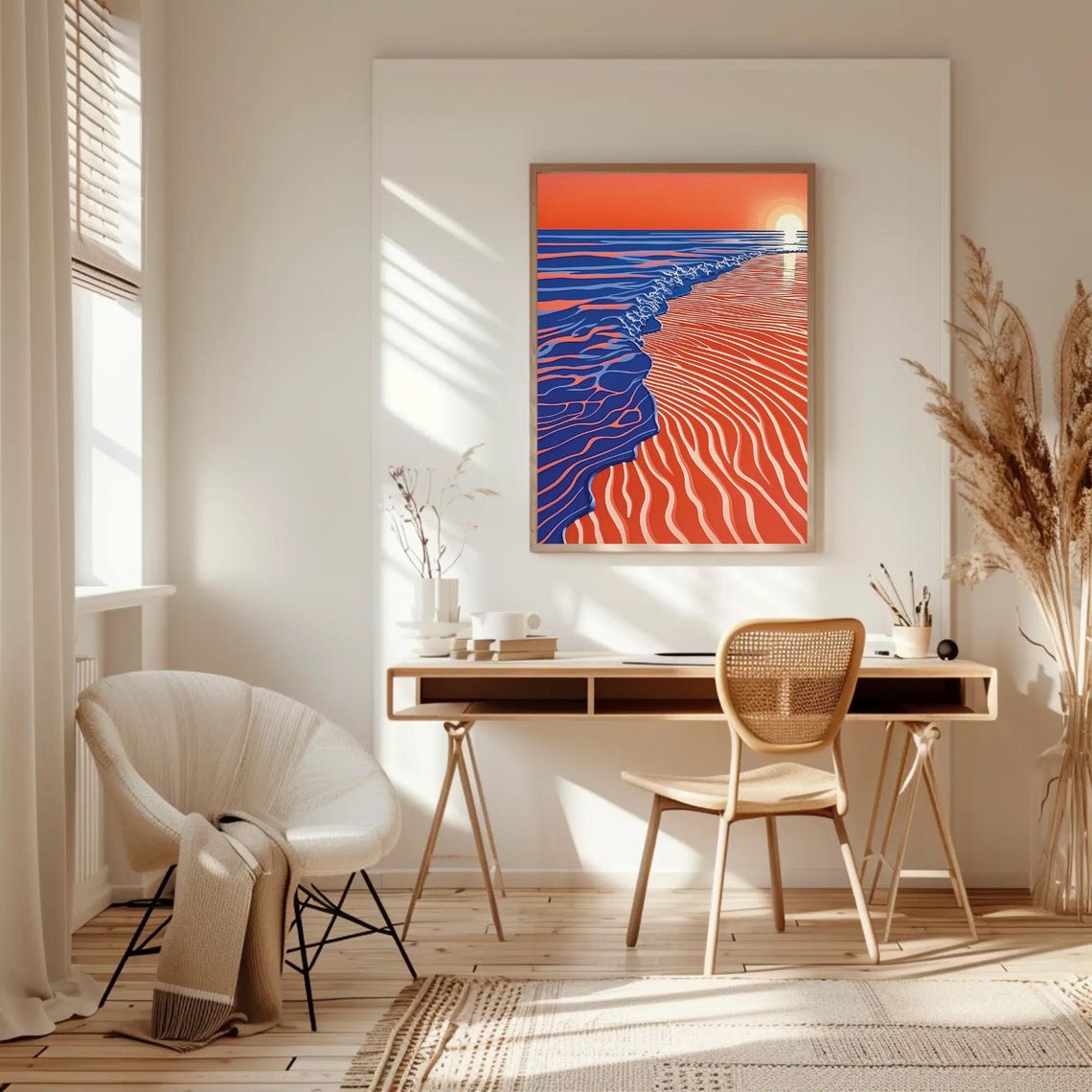 Retro Sunset Beach Orange Sand Blue Waves Stylized Art Poster - Image 2