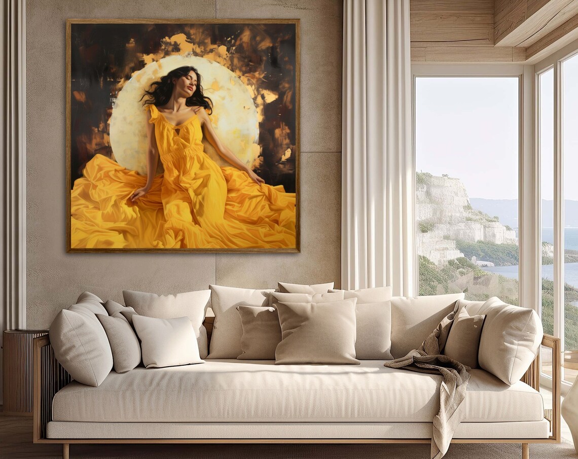 Ethereal Lady In Yellow Dress Against Glowing Full Moon Art Poster