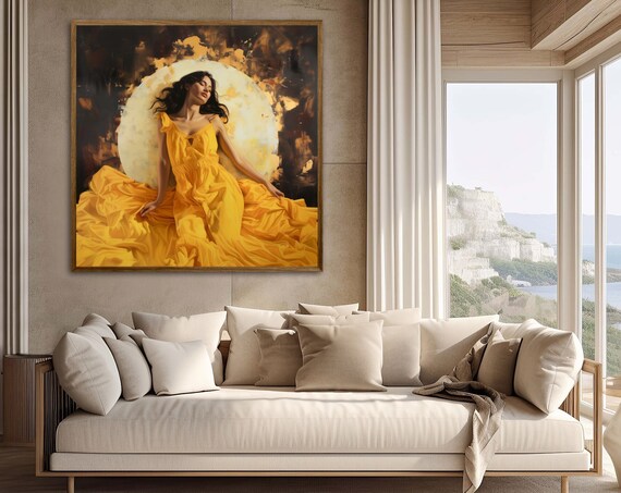 Ethereal Lady In Yellow Dress Against Glowing Full Moon Art Poster