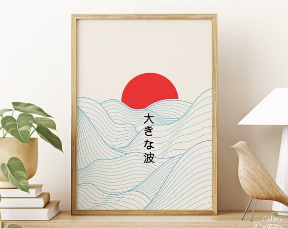 Japanese Great Wave Line Art Poster Red Sun Minimalist Ocean Wall Print