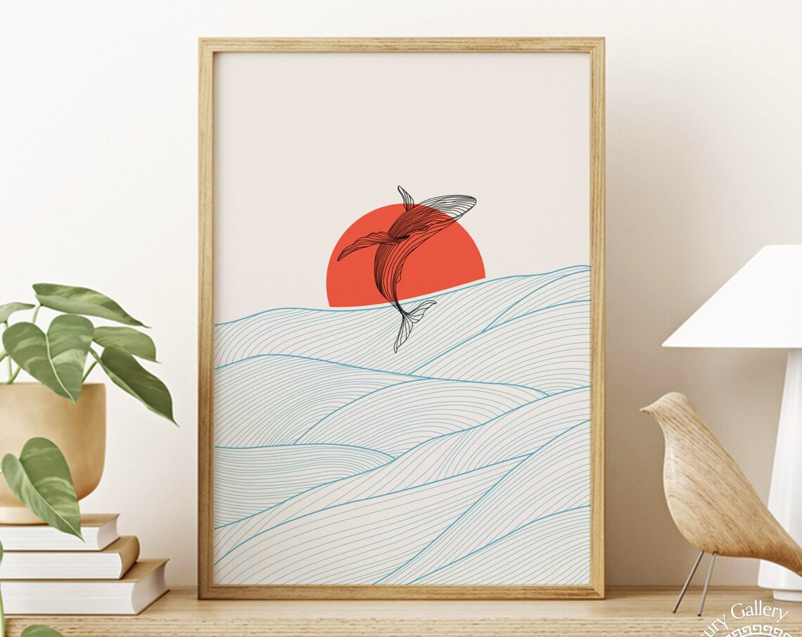 Humpback Whale Line Art Art Print, Ocean Waves