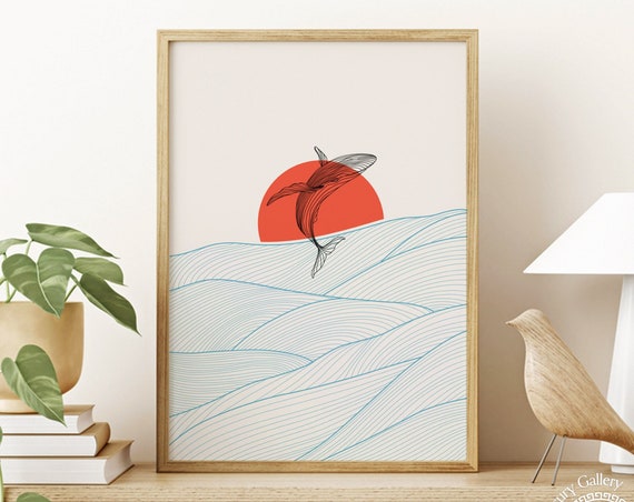 Humpback Whale Line Art Art Print, Ocean Waves